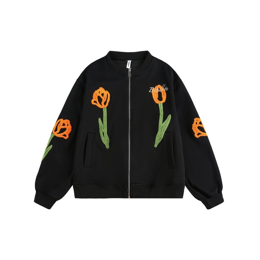 Plant Flower Embroidery Stand Collar Cardigan Sweatshirt Spring Autumn Loose Casual Men's Jacket Vibe Trendy Brand_viptrois.com