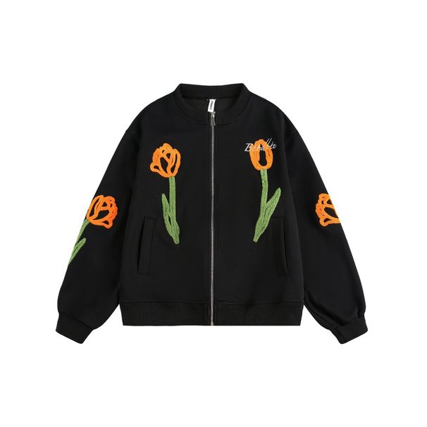 Plant Flower Embroidery Stand Collar Cardigan Sweatshirt Spring Autumn Loose Casual Men's Jacket Vibe Trendy Brand_viptrois.com