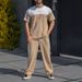 "Men's Color Block Waffle Knit Short Sleeve Set – Breathable Loose Fit Crew Neck T-Shirt & Casual Pants (Black/Khaki/Grey/Green, Sizes S-XXXL)"_viptrois.com