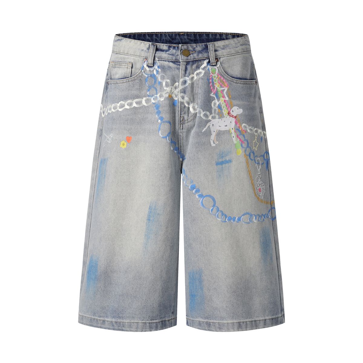 Men's Clothing Street Personality Cartoon Hand Painted Distressed Wide Leg Jeans Washed Distressed Loose Embroidered Wide Leg Pants_viptrois.com