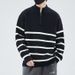 New semi high neck zipper striped sweater for men in autumn and winter, simple and versatile, fashionable and loose fitting pullover base knit sweater_viptrois.com