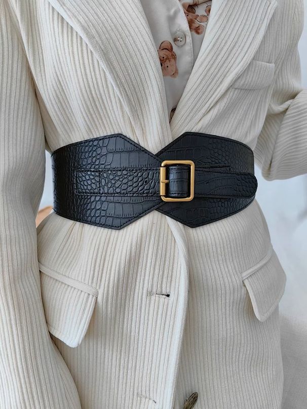 Vintage irregular black waistband decorative dress jacket alligator elastic elastic waist wrap female_viptrois.com