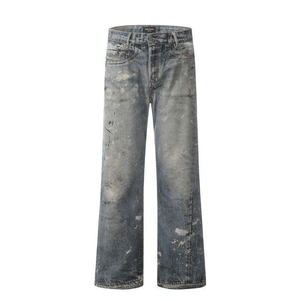 Punk Vintage Ink Splash Painted Denim Straight Men's Hip Hop Street Washed Dirty Wide Leg Long Pants Trendy_viptrois.com