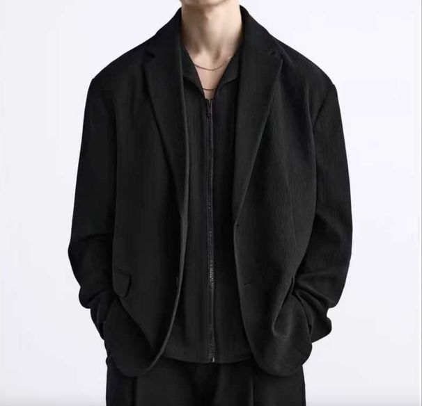 Loom European And American Men's Clothing Wholesale Black Textured Wrinkled Fabric Solid Color Simple Casual Loose Fit Suit_viptrois.com