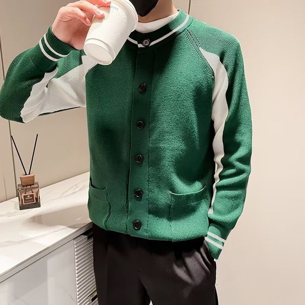 Spring and Autumn Men's Fashion Splicing Color Shoulder Sleeve Round Neck Knitted Cardigan Sweater Men's Coat_viptrois.com