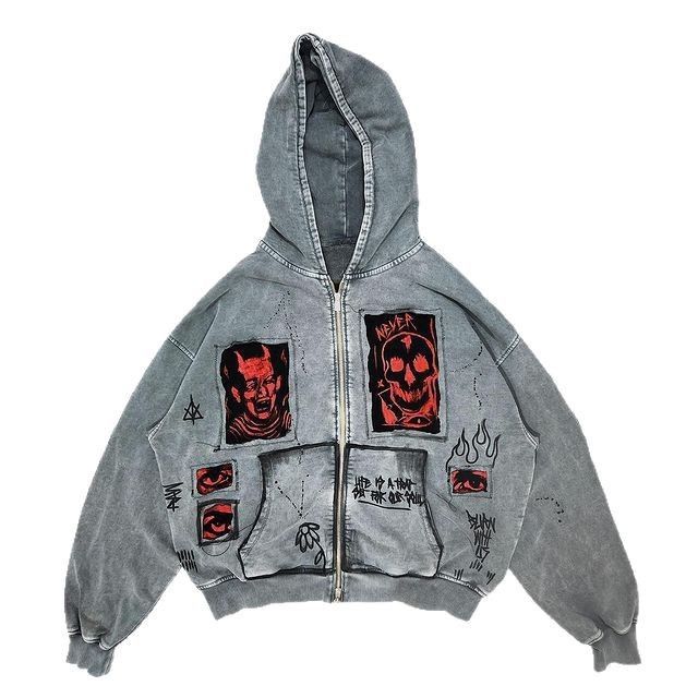 Retro Y2K Streetwear Unisex Hooded Sweatshirt With 3D Demon Print & Patchwork Design - Oversized Fit For Men And Women_viptrois.com