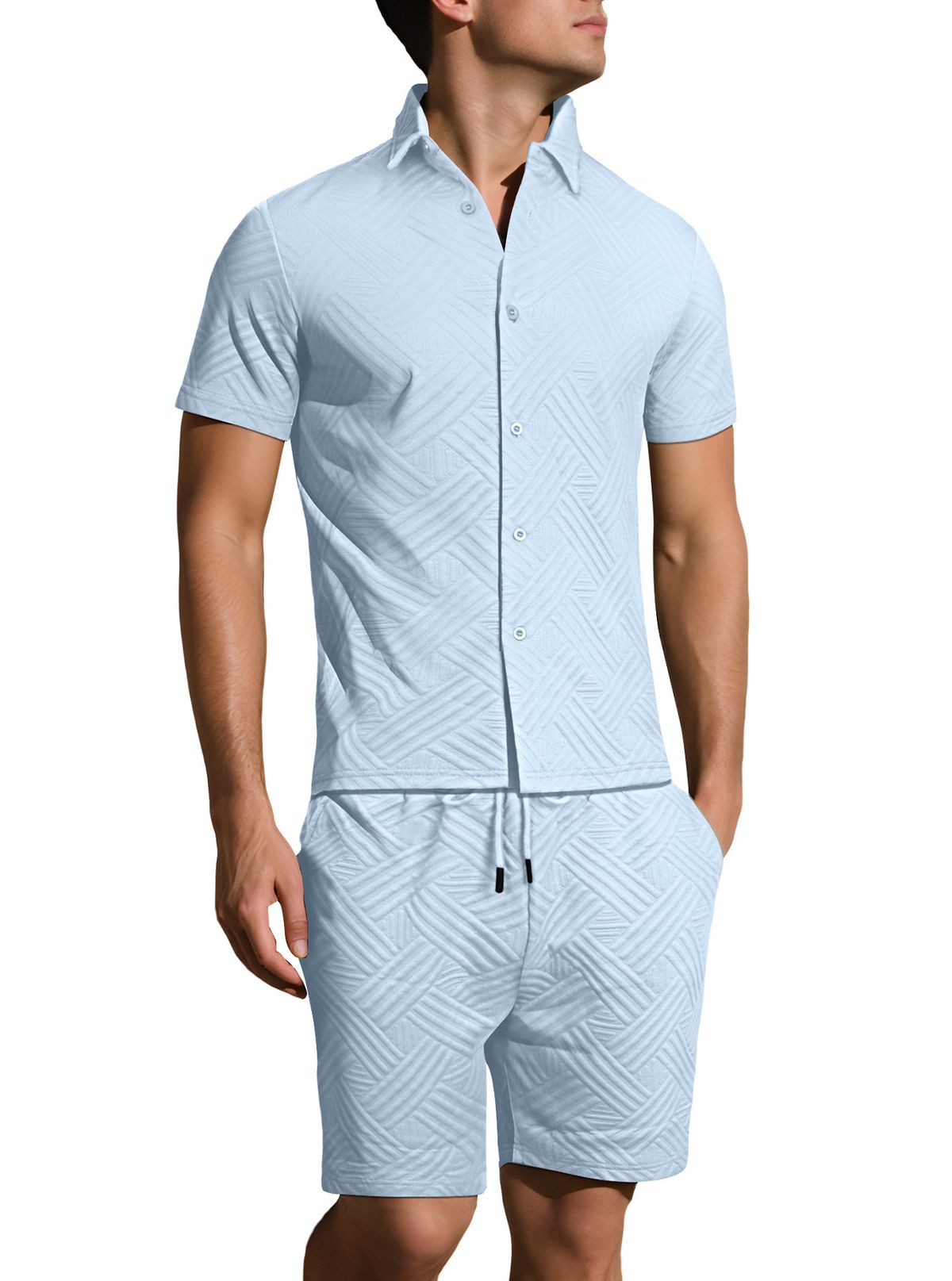Men's Jacquard Print Short Sleeve Shirt & Shorts Set – Breathable Summer Casual Outfit (Solid Color Two-Piece Lounge Wear)_viptrois.com