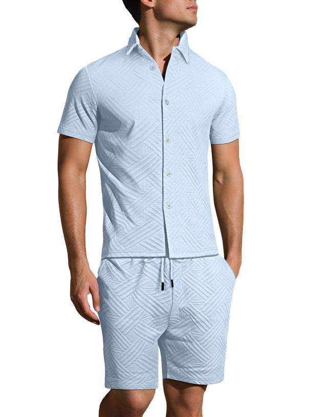 Men's Jacquard Print Short Sleeve Shirt & Shorts Set – Breathable Summer Casual Outfit (Solid Color Two-Piece Lounge Wear)_viptrois.com