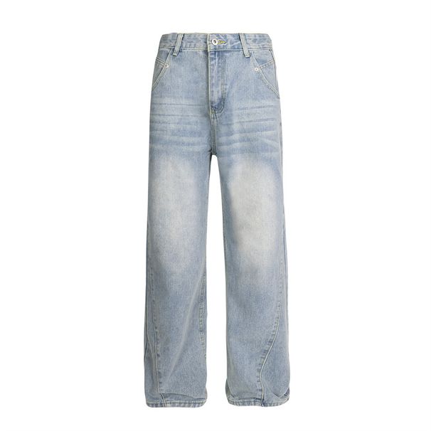 Distressed Washed Jeans For Men High Street Trend Deconstructed Split Patchwork Design Casual Loose Straight Long Pants_viptrois.com