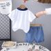 2025 New Summer Children's Men's Tie Bear Short Sleeve Cartoon Round Neck Top Shorts Two Piece Set_viptrois.com
