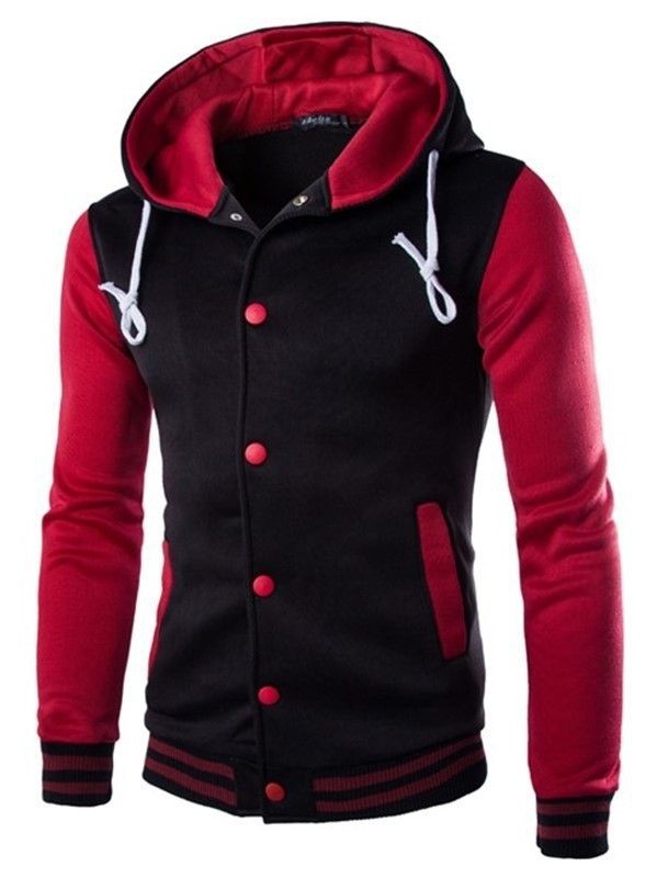 Men's Slim Fit Hooded Baseball Jacket Lightweight Fleece Zip-Up Sweatshirt With Stand Collar & Side Pockets - Trendy Color Block Casual Outerwear_viptrois.com