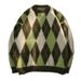 Pure 2023 Green Diamond Pattern Knitted Men's Korean Loose Pullover Round Neck Lazy Style Color Block Versatile Sweater_viptrois.com