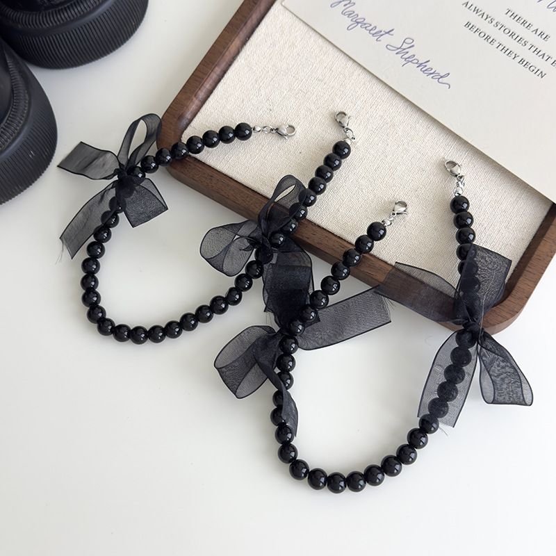 Lace Mesh Bow Pearl Beaded Shoe Buckle Heel Chain Shoe Buckle Accessories Beaded Pendant Decoration Shoe Decoration_viptrois.com