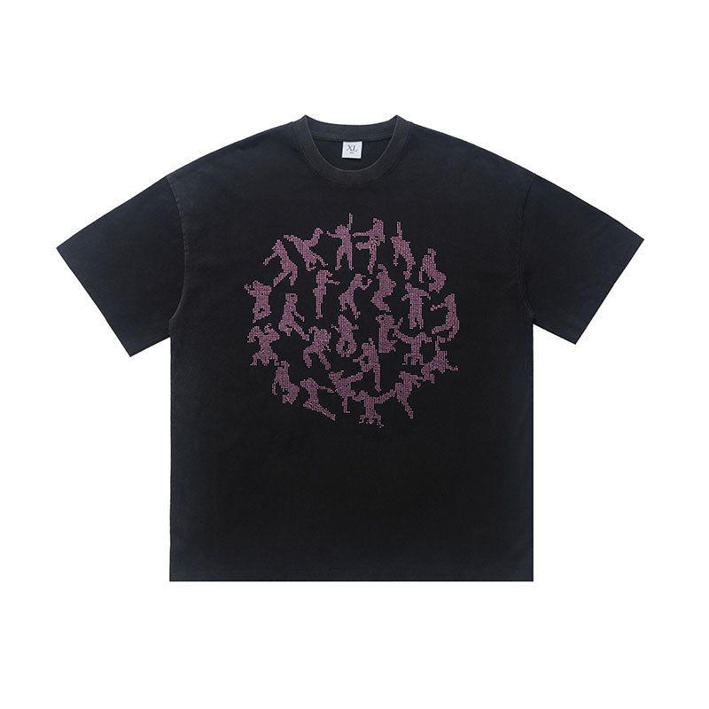 American Hip-Hop Short-Sleeve Loose Fit For Men And Women, Spring/Summer Couple's Washed High-Street Rhinestone_viptrois.com