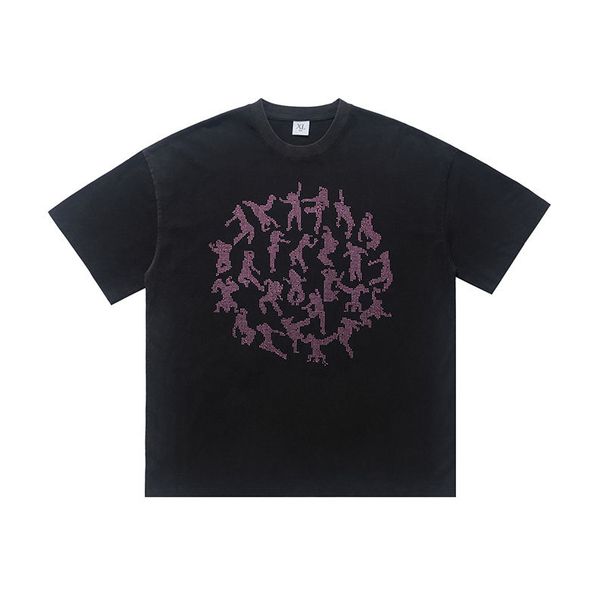 American Hip-Hop Short-Sleeve Loose Fit For Men And Women, Spring/Summer Couple's Washed High-Street Rhinestone_viptrois.com