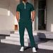 Men's Clothing Men's New Waffle Collar Color Matching Short Sleeved Trousers Two Piece Casual Suit_viptrois.com
