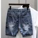 Large Size Blue Denim Shorts, Haren Straight Leg Loose Fit Five Quarter Pants, Heavy-duty Washed And Worn Horse Pants_viptrois.com