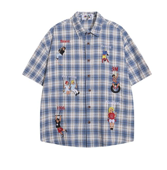 American Retro Sho-sleeve For Men, Summer Thin Loose Embroidered With A Stylish Design, Plaid Couple's Half-sleeve_viptrois.com