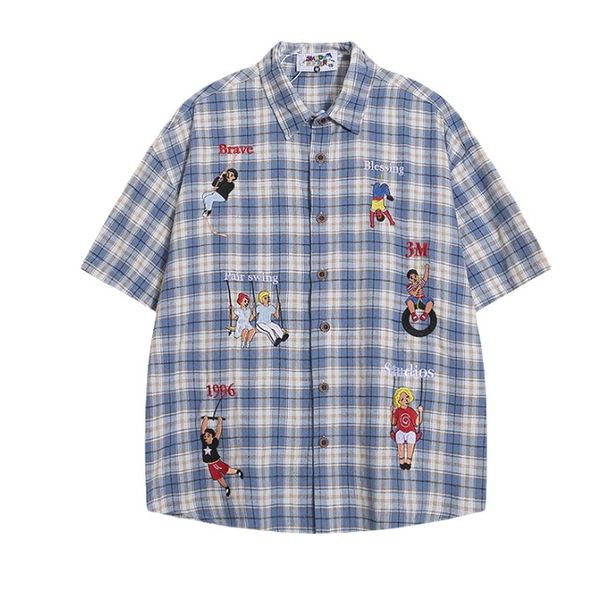 American Retro Sho-sleeve For Men, Summer Thin Loose Embroidered With A Stylish Design, Plaid Couple's Half-sleeve_viptrois.com