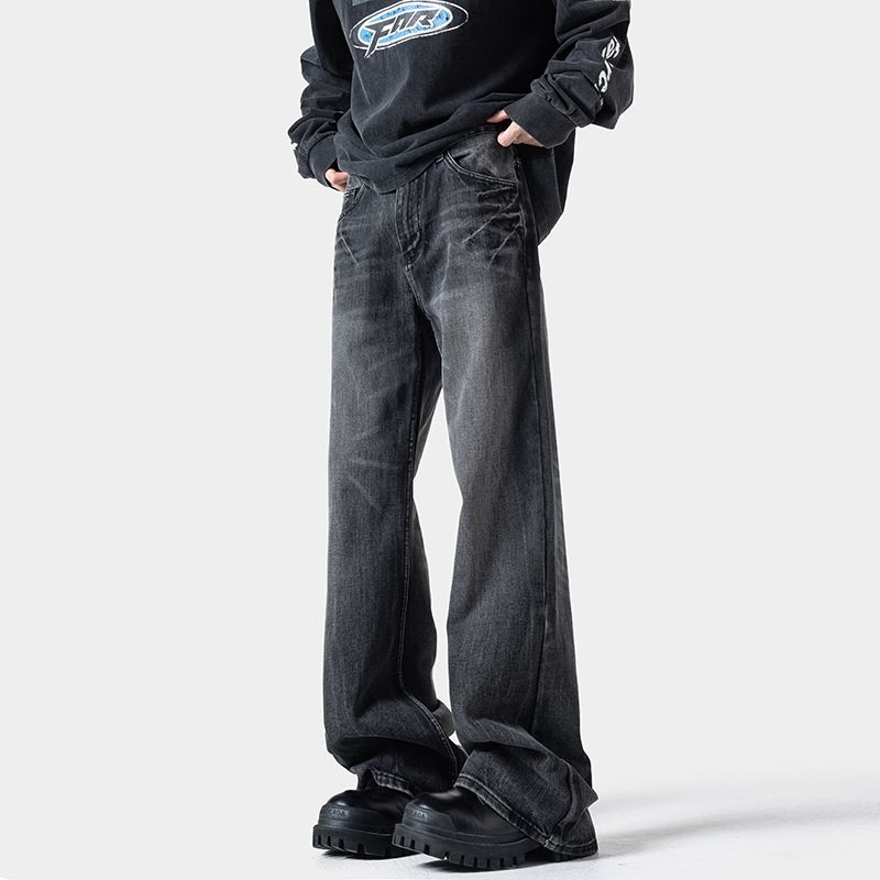 Lightning Pattern Flared Jeans For Men, Trendy Brand New Washed Retro Loose Straight Slim High Street Cool Long Pants_viptrois.com