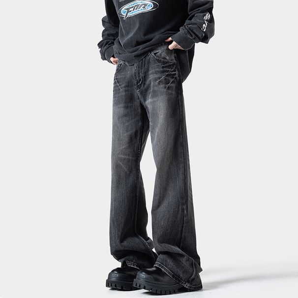 Lightning Pattern Flared Jeans For Men, Trendy Brand New Washed Retro Loose Straight Slim High Street Cool Long Pants_viptrois.com