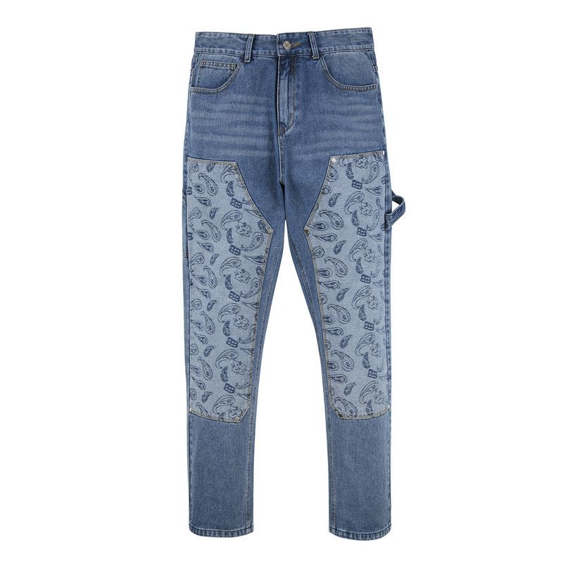 Men's Clothing High Street Fashion Stitching Washed Blue Cashew Flower Casual Skinny Jeans_viptrois.com