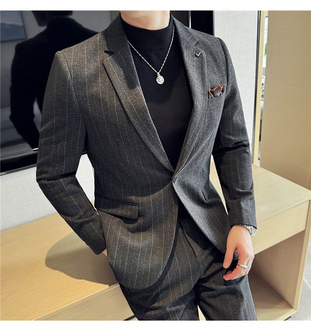 High-End Striped Wool Casual Suit Set for Men Slim Fit Thickened for Autumn And Winter Online Dramas Recommended_viptrois.com