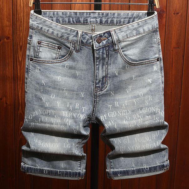 Men's Clothing High End Printed Denim Shorts Men's Slim Fit Shorts 5 Points Summer Thin Men's Breeches Mid Length Pants Trendy Fashion_viptrois.com