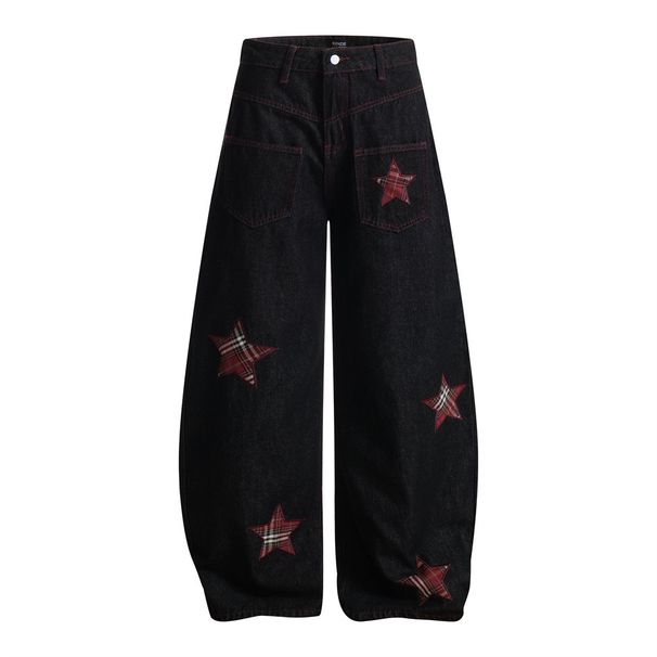 Loose Scimitar Jeans For Men, Trendy Brand, High Street Plaid Patchwork Embroidery, Five-Pointed Star Design, Unique_viptrois.com