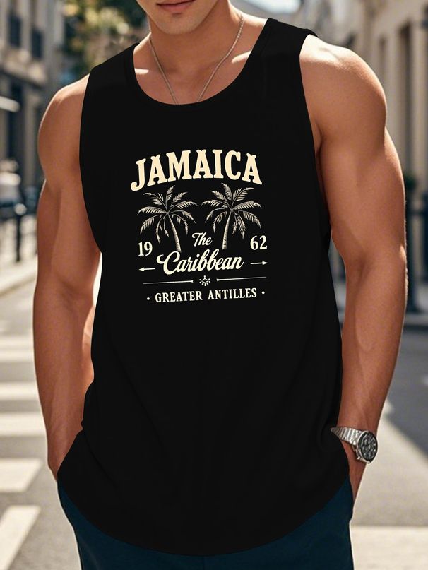 Canotta Uomo Girocollo 100% Cotone Stampa Palme Retrò Giallo Nero Lavabile Traspirante Senza Maniche Tropicale Spiaggia Estivo Multicolore_viptrois.com
