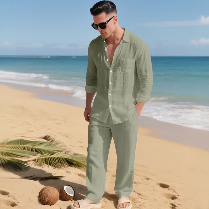 Men's Clothing Linen Suit Casual Loose Collared Shirt Long Sleeve American Style Autumn Beach Wear_viptrois.com