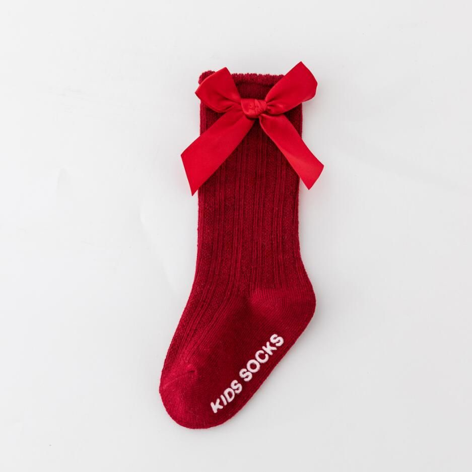 Kid's Clothing New style boys and girls solid color striped stockings pure cotton non slip bubble mouth baby bowknot mid tube socks_viptrois.com