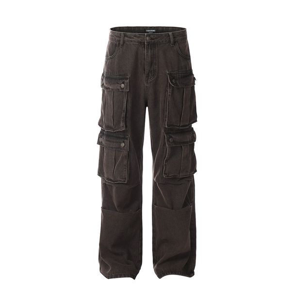 Trendy Brand Functional Multi-Pocket Cargo Tactical Men's Design Sense Niche Loose Personality Straight-Leg Denim Long_viptrois.com