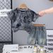 2025 Summer New Full Printed Foam Letter Short Sleeve Set, Boys' Baby Casual Cowboy Shorts Two Piece Set_viptrois.com