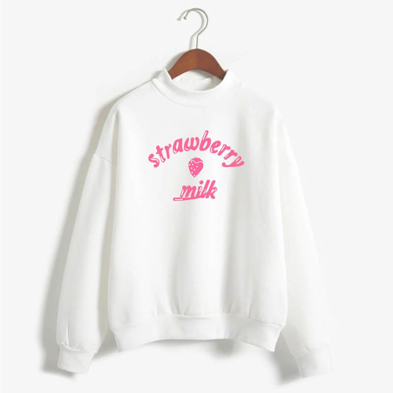 2022 New Strawberry Milk Text Print Simple Harajuku Hoodie Long Sleeve Mid-Neck Sweatshirt_viptrois.com