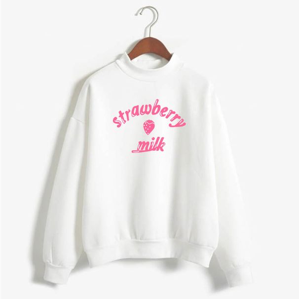 2022 New Strawberry Milk Text Print Simple Harajuku Hoodie Long Sleeve Mid-Neck Sweatshirt_viptrois.com