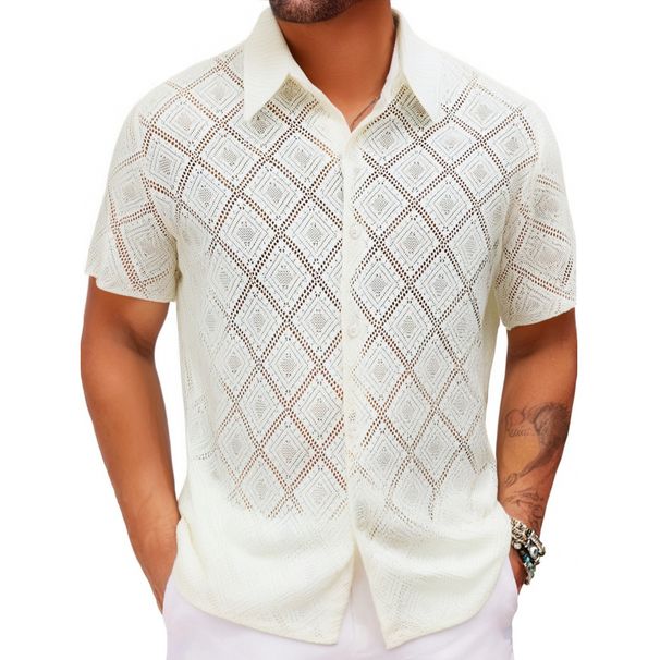 Men's Clothing Hong Kong Style Hollow Short Sleeved Thin Shirt Men's Summer Niche Design Lace Casual Half Sleeved Shirt A0405_viptrois.com