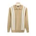 Men's British-Inspired Striped Knit Polo Shirt - Breathable Stretch Polyester Slim Fit Long Sleeve Top With Ribbed Hem (White, Black, Khaki)_viptrois.com