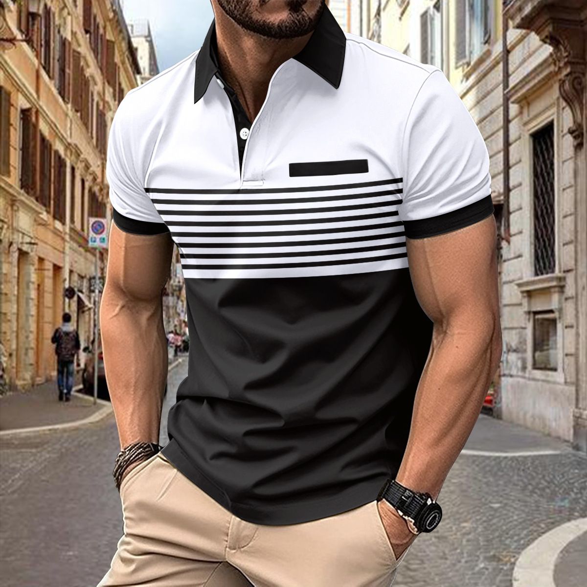 New Summer Men Casual Short Sleeve Lapel Business Polo Shirt 3D Digital Print Stripe Polo Shirt Sport Button Pullover Tops_viptrois.com