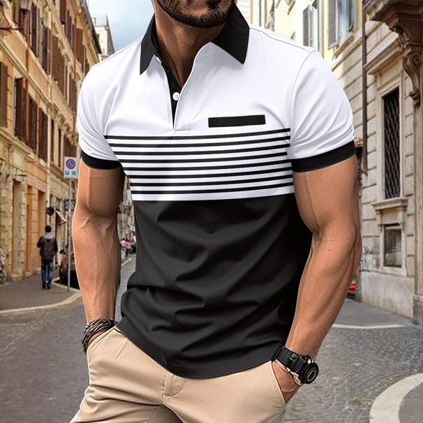 New Summer Men Casual Short Sleeve Lapel Business Polo Shirt 3D Digital Print Stripe Polo Shirt Sport Button Pullover Tops_viptrois.com