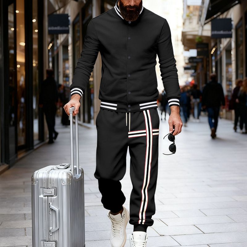 Men's Fleece-Lined Baseball Jacket & Joggers Set, Winter Outdoor Casual Sports Tracksuit For Streetwear And Commuting_viptrois.com