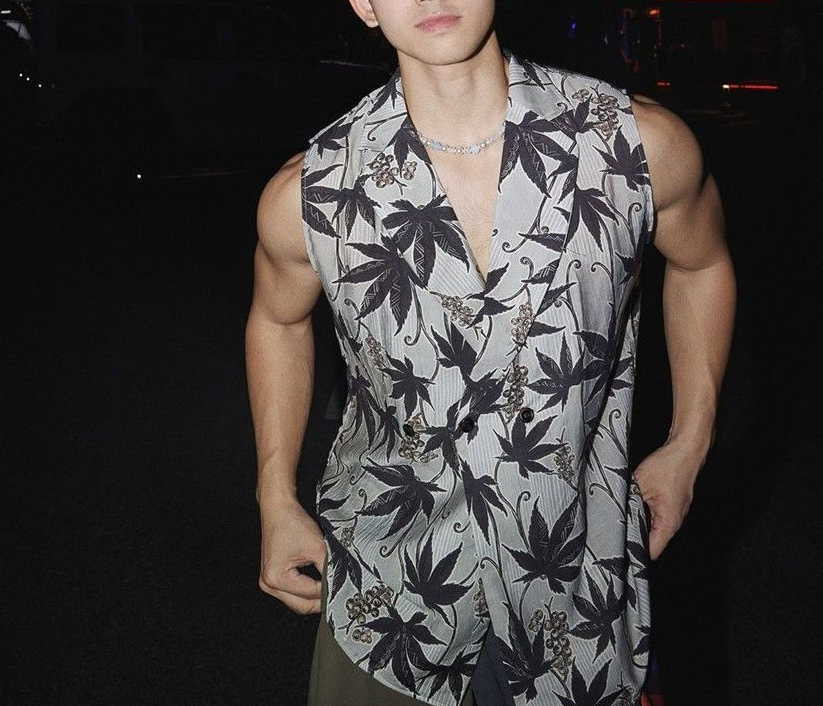 Plus Size Men's Maple Leaf Floral Print Sleeveless Shirt Summer Casual Loose Fit Trendy Top_viptrois.com