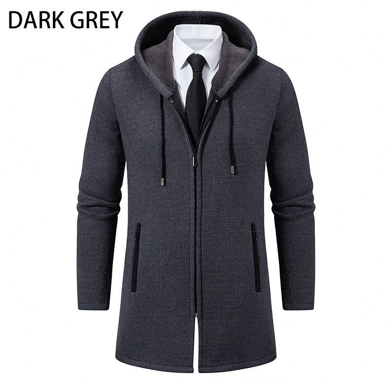 Men's Fleece-Lined Hooded Knit Jacket - Long Sleeve Casual Coat With Sherpa Collar, Slim Fit Mid-Length Cardigan For Winter & Urban Style_viptrois.com