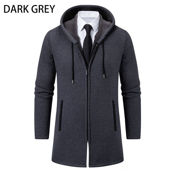 Men's Fleece-Lined Hooded Knit Jacket - Long Sleeve Casual Coat With Sherpa Collar, Slim Fit Mid-Length Cardigan For Winter & Urban Style_viptrois.com