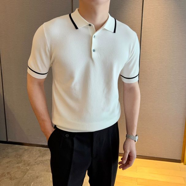 Men's Clothing Summer Short Sleeve Knitted Sweater For Men Ice Silk Collar Slim Fit Classic Business T-Shirt_viptrois.com