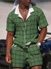 Men's Short Sleeve Plaid Shirt & Shorts Set - Casual Print Shirt With Collar Summer Outfit_viptrois.com