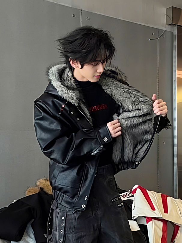 American Style Hooded Mountain Eagle PU Leather Jacket For Men, Winter Fleece Lined Thickened Warm Wolf King Fur_viptrois.com