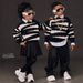 Mother & Kids Boys Sweater 2025 Autumn And Winter New Base Shirt Korean Loose Round Neck Black And White Striped Lazy Style Sweater_viptrois.com