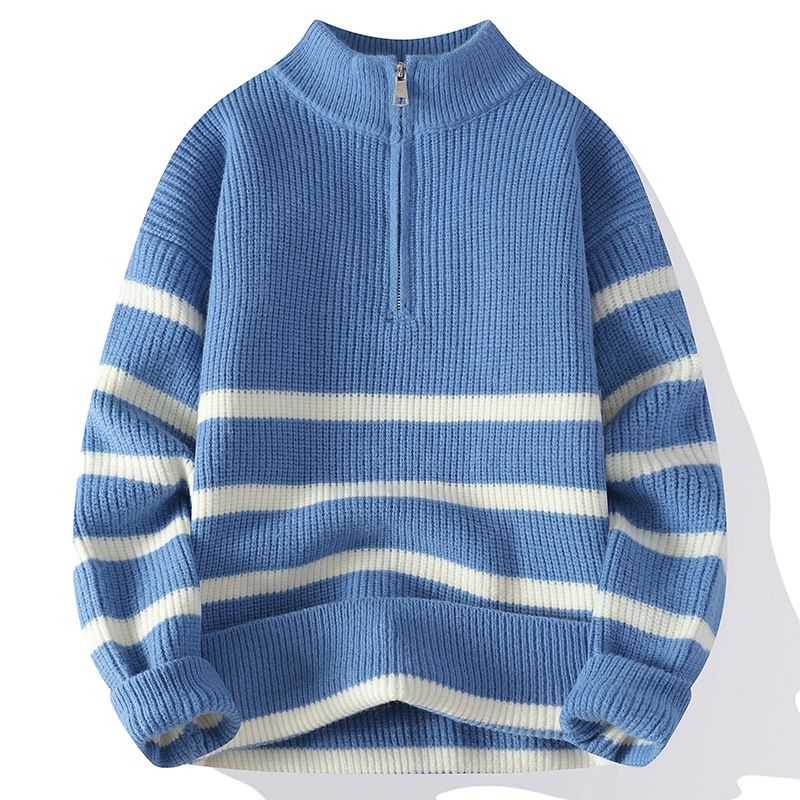 Men's Clothing Autumn And Winter New Style Pullover Half Zip Jacquard Striped Long Sleeved Sweater Trendy Men's Warm Knitted Sweater_viptrois.com