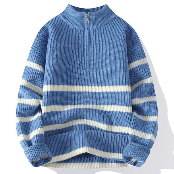 Men's Clothing Autumn And Winter New Style Pullover Half Zip Jacquard Striped Long Sleeved Sweater Trendy Men's Warm Knitted Sweater_viptrois.com